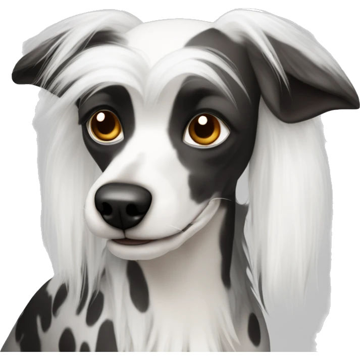 Chinese Crested Dog with white fur and black spots on white skin. Luscious head fur, furnishings on the legs and full fur tail emoji