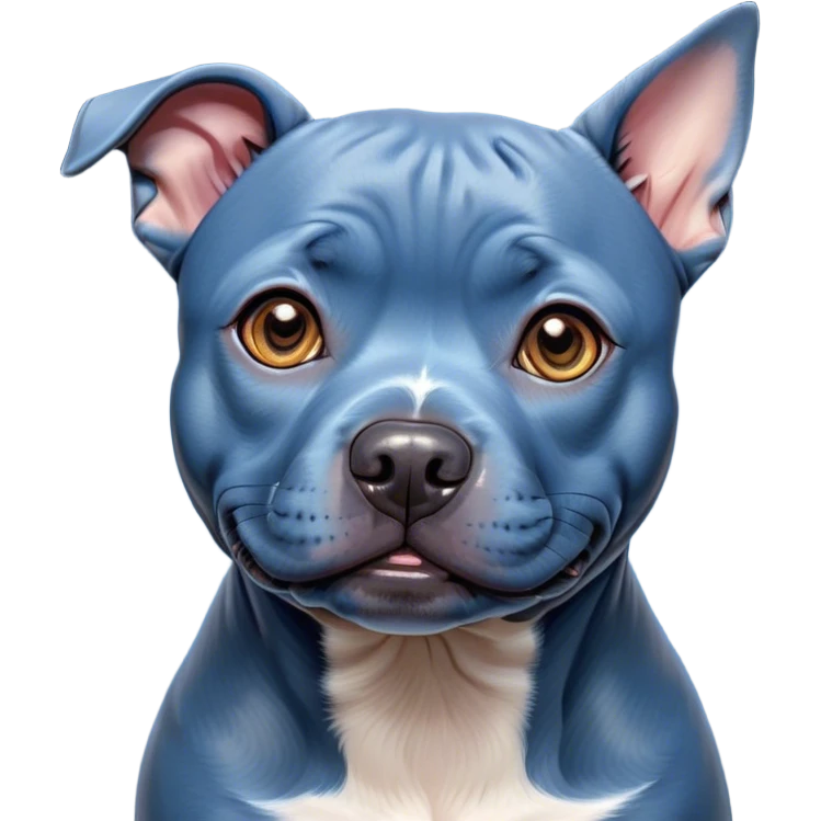 Cinematic Cute Blue Staffordshire Bull Terrier Portrait Emoji, Head tilted playfully and inquisitively, featuring a glossy blue Fur with a healthy sheen, round, sparkling dark eyes filled with curiosity, Simplified yet irresistibly adorable features, highly detailed, glowing with a warm, friendly glow, high shine, affectionate and spirited, stylized with a touch of whimsy, bright and endearing, soft glowing outline, capturing the essence of a mischievous yet loving pup, so playful it feels like it could bound out of the screen and into your arms! emoji
