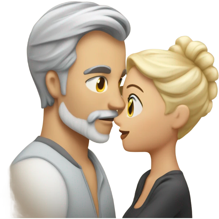 Handsome greying man with long hair in a tail and beard kissing blond athletic woman with pixie cut emoji