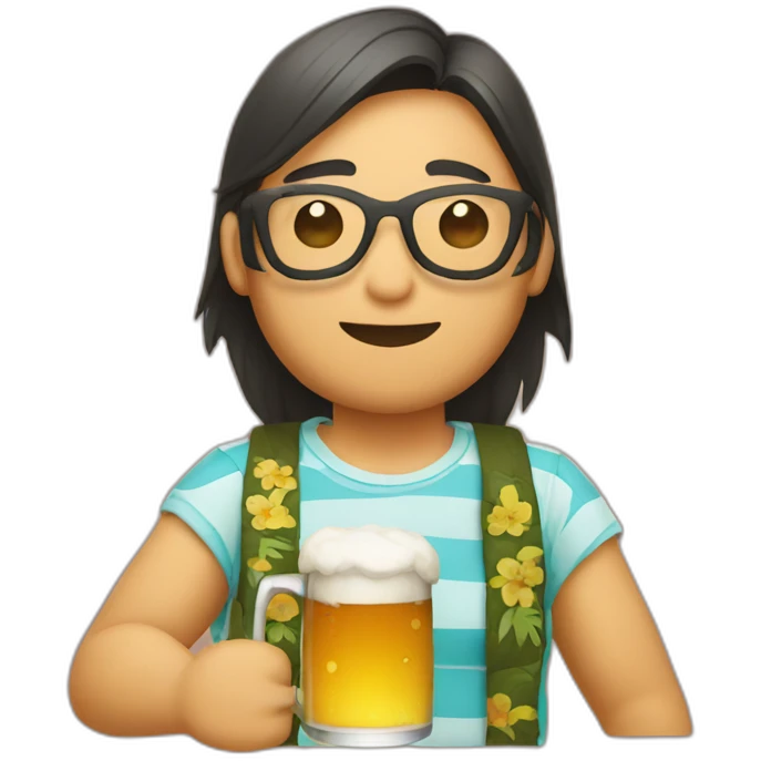 Japanese wearing roundglasses alohashirt is holding beer emoji