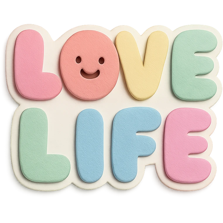 "Love Life" in soft pastel rainbow rounded puffy letters, cute kawaii style, no border, transparent background emoji