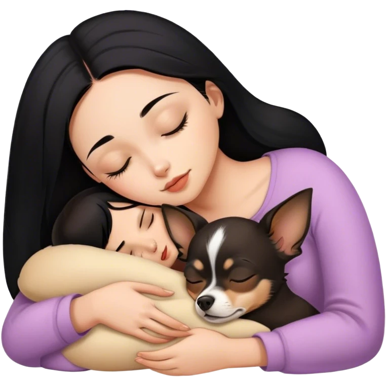 Girl with black hair sleeping with brown chihuahua  emoji