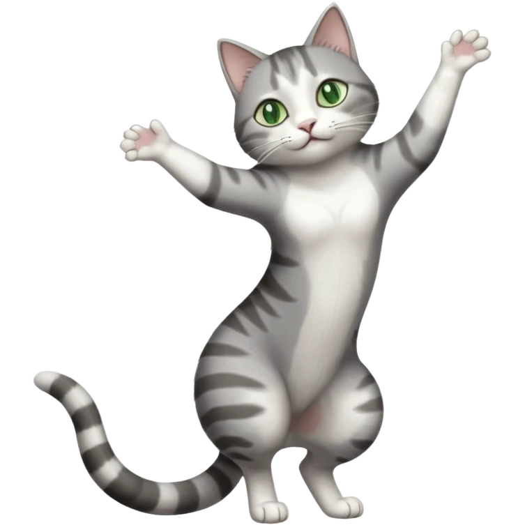 grey and white cat with green eyes doing a big extremely long stretch reaching up into the air with arms and legs side by side together straight and overextended whilst lying on its side emoji