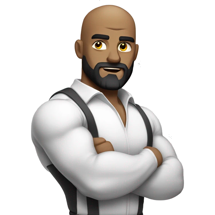 Muscular man flexing, bald, dark beard in a white shirt emoji