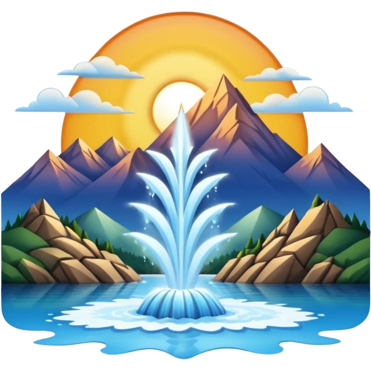 Please generate an image of a sunrise illuminating a lake with a huge water jet pointing only in one direction (upward and then down on one side) like that in the Geneva lake and some mountains in the background. emoji