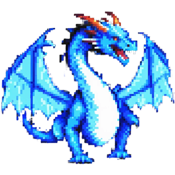 pixel art style dragon breathing blue fire from its mouth, animated emoji