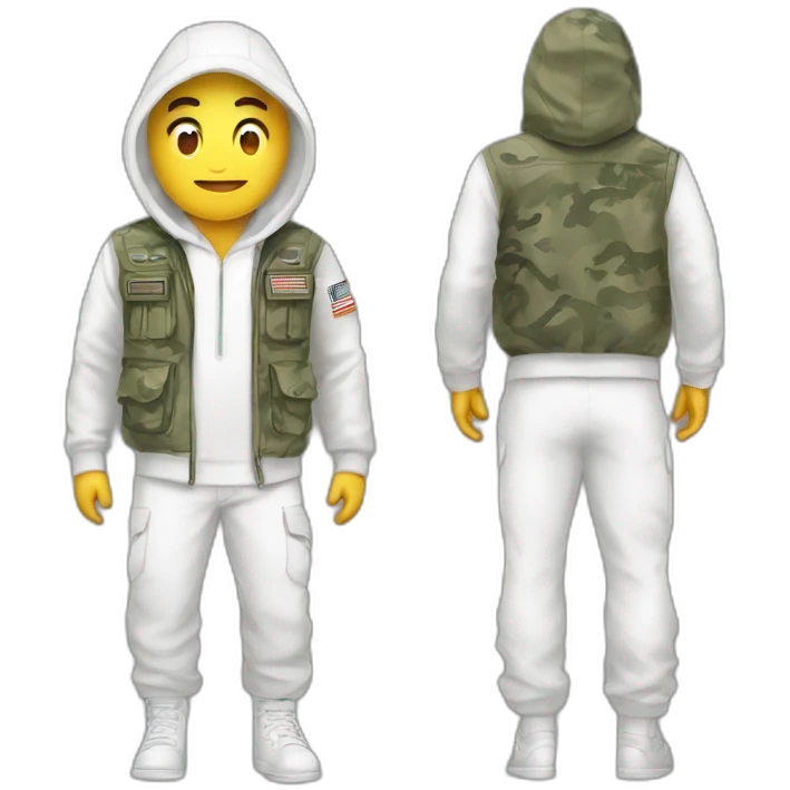 person with militay print hat and white hoodie and pants emoji