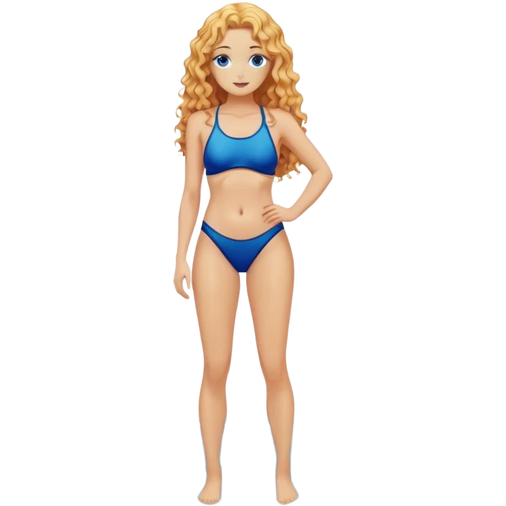 hot woman in blue swimming suit blond skin copper long semi  curly  hair full body  emoji