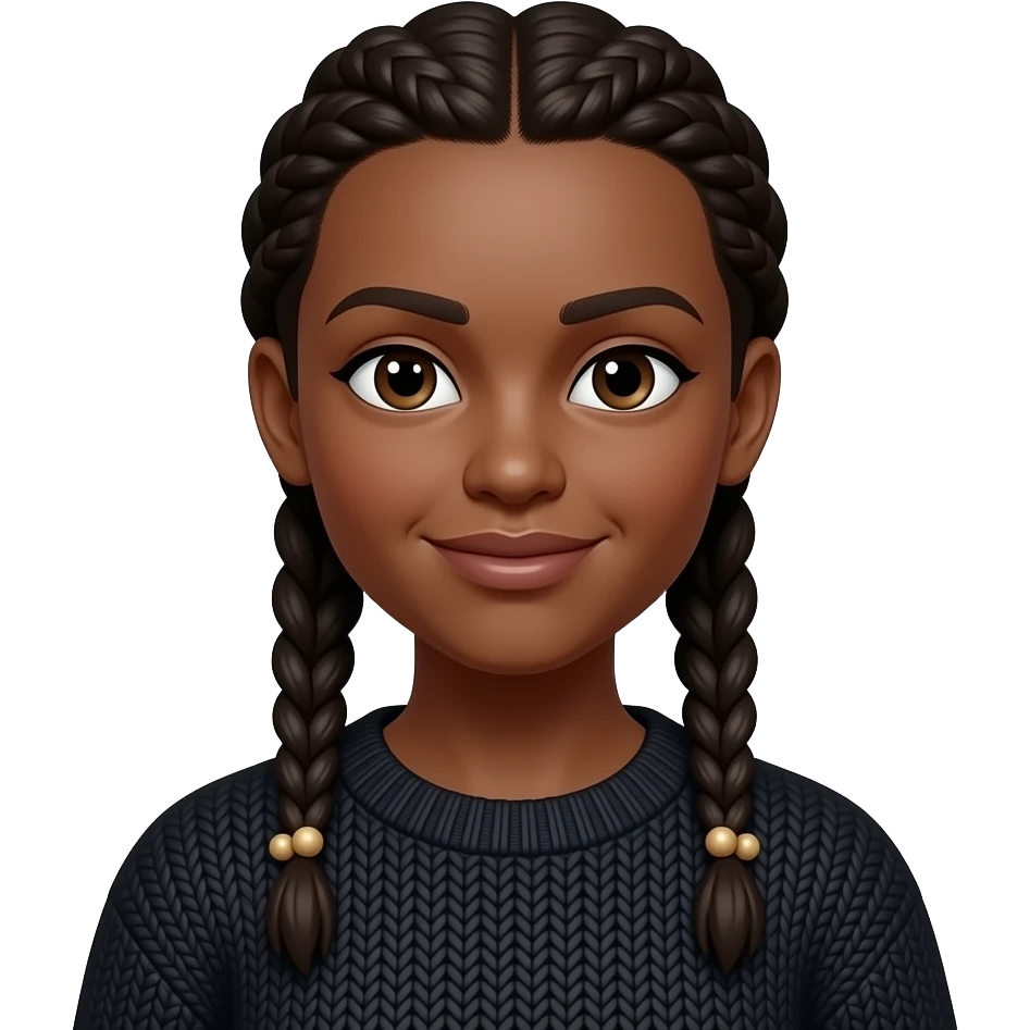 Emoji Dark brown skin. Braids with 4 beads at the bottom of each braid, black knit emoji