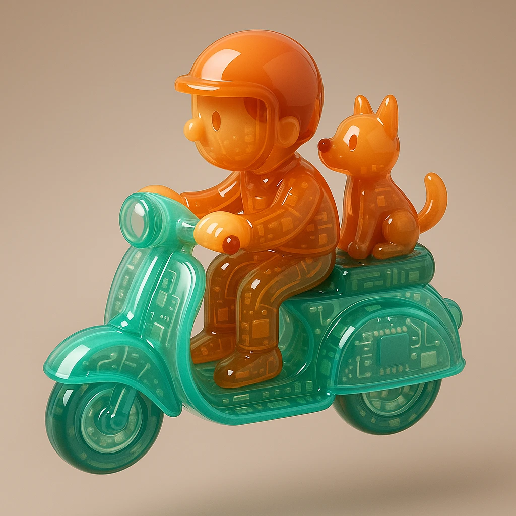 man and his pet dog riding a vespa emoji