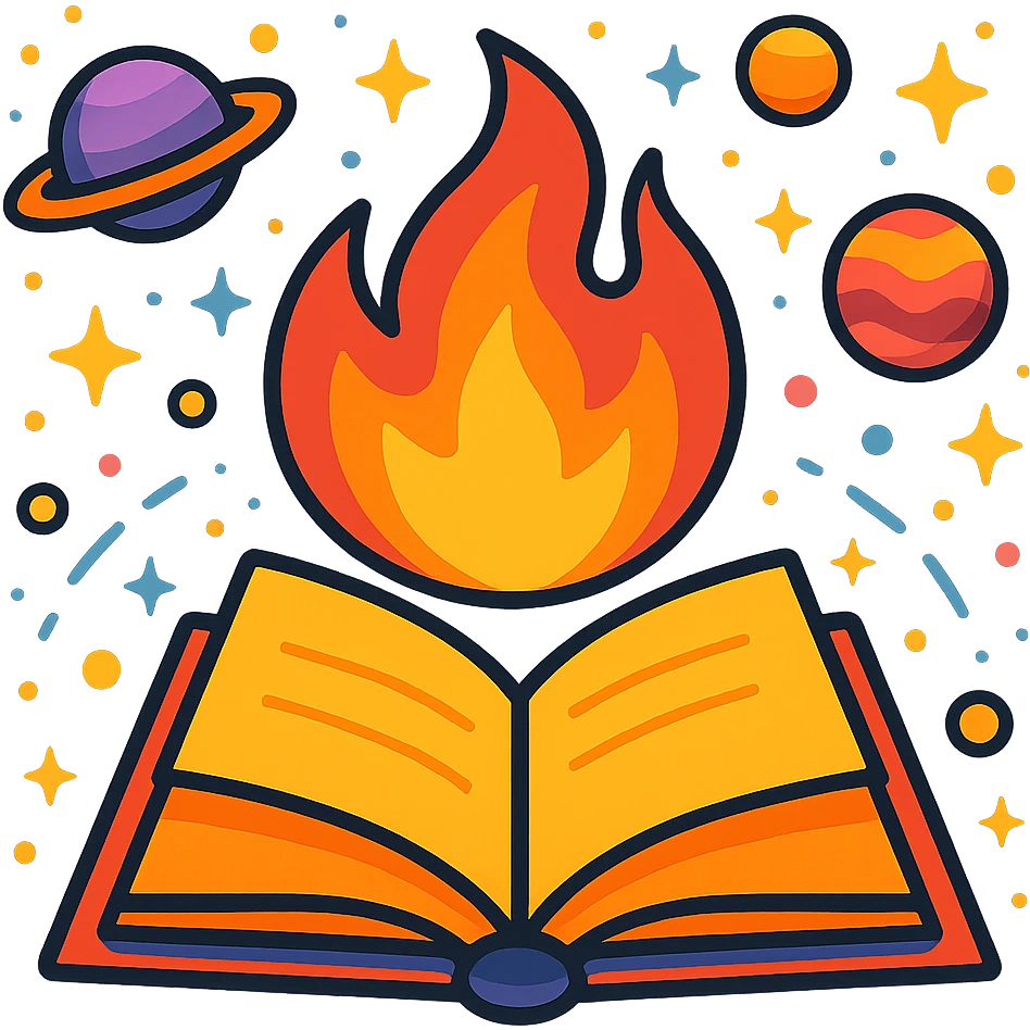 book and fire icon for a fun event, with space background, planets and stars, lively and colorful emoji