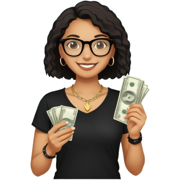 sourire t-shirt noir avec collier liasse de dollars dans les deux mains est lunette noir fond de plage avec des palmier métis au cheveux boucler  emoji