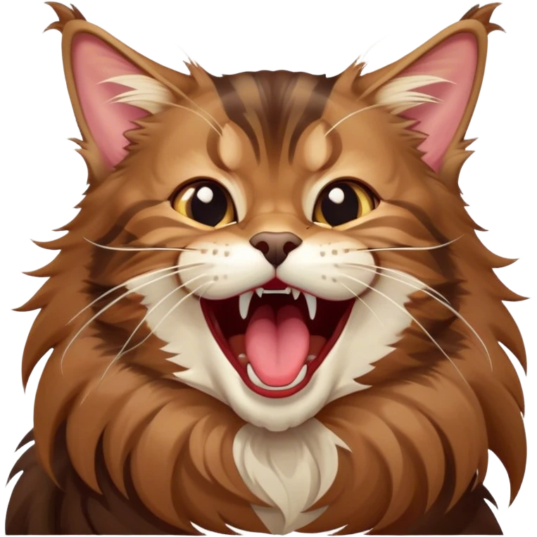 Cinematic Cute Brown Maine Coon Cat Portrait Emoji, Head tilted playfully while yawning exaggeratedly, sleek brown and black fur with a majestic mane, Simplified yet hilariously adorable features, highly detailed, glowing with a warm, confident glow, high shine, mischievous yet lazy, stylized with a touch of playful whimsy, bright and endearing with a comical, yawning expression, soft glowing outline, capturing the essence of a quirky yet loving and lazy kitty, so meme-worthy it feels like it could stretch out of the screen and demand attention in the most dramatic way! emoji