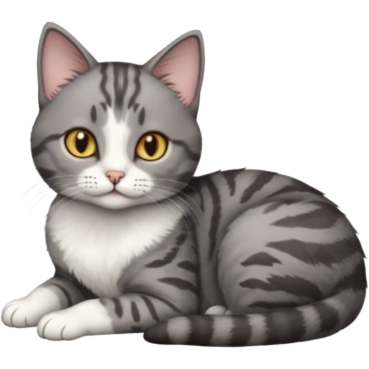 full body tiny short hair dark grey and white cat with hazel eyes lying down emoji