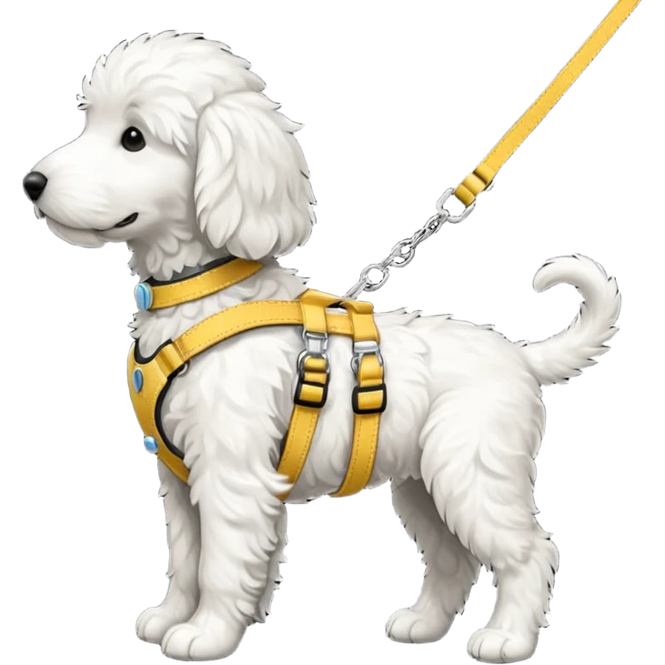Black and white golden doodle puppy in side profile wearing harness and a leash emoji