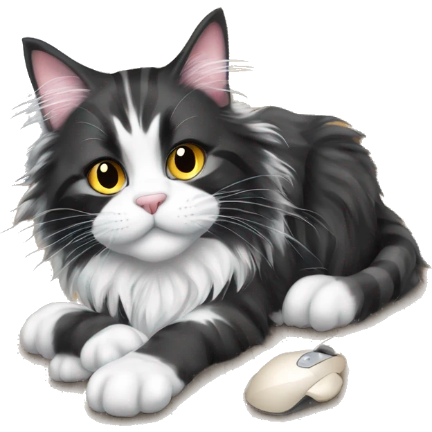A black and white Maine Coon cat stands on the floor with his paws and holds a mouse in his hands emoji