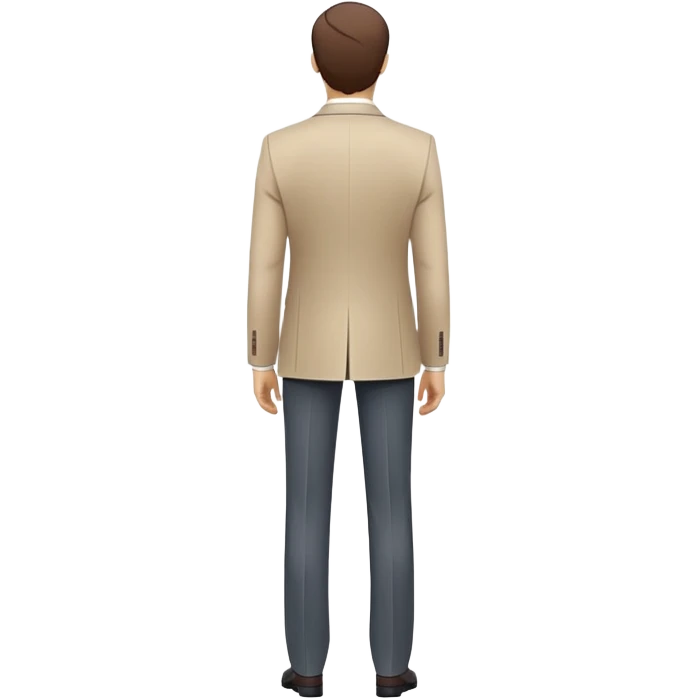 person seen from the back, standing straight with professional posture, wearing formal office clothes like a blazer or suit, arms relaxed by their sides, clean minimal design, smooth lines, simple color palette, white background emoji