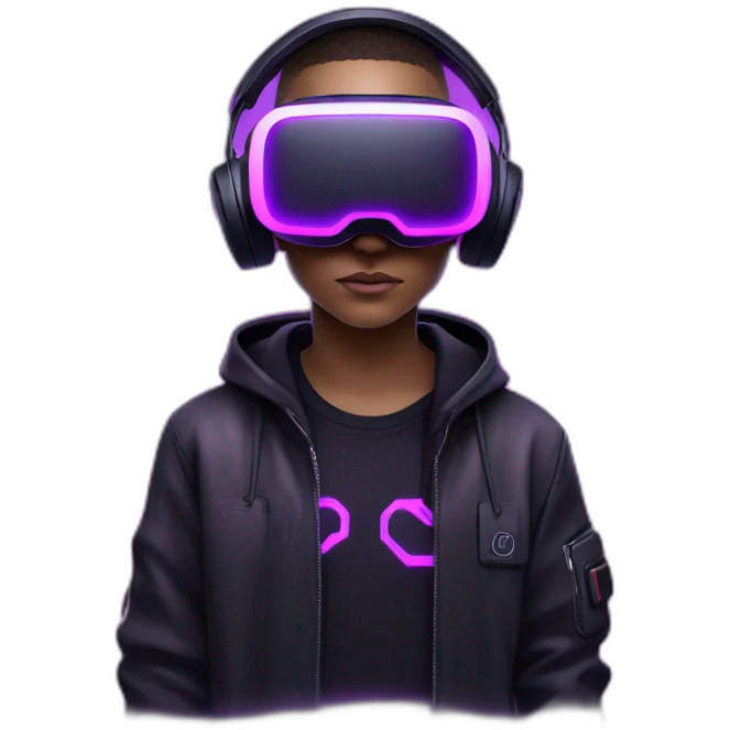 Cyberpunk style. Violet neon. boy with white-light skin in the black hoody with violet OMG VR logo on it wearing vr headset oculus quest 2 emoji