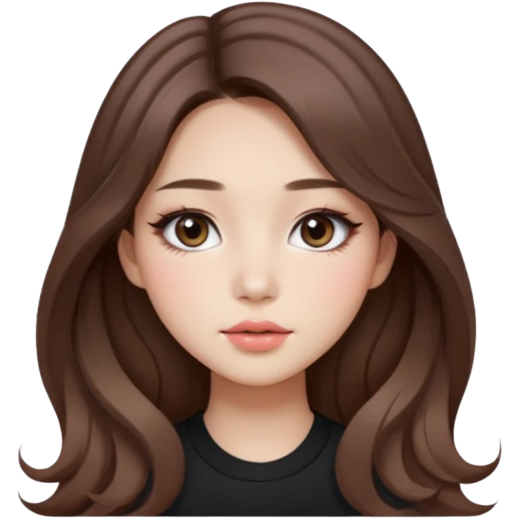 “korean straight brown hair Emoji girl, soft eyeliner and blush, gradient lips, light brown shimmer eyeshadow, long wavy hair,  emoji