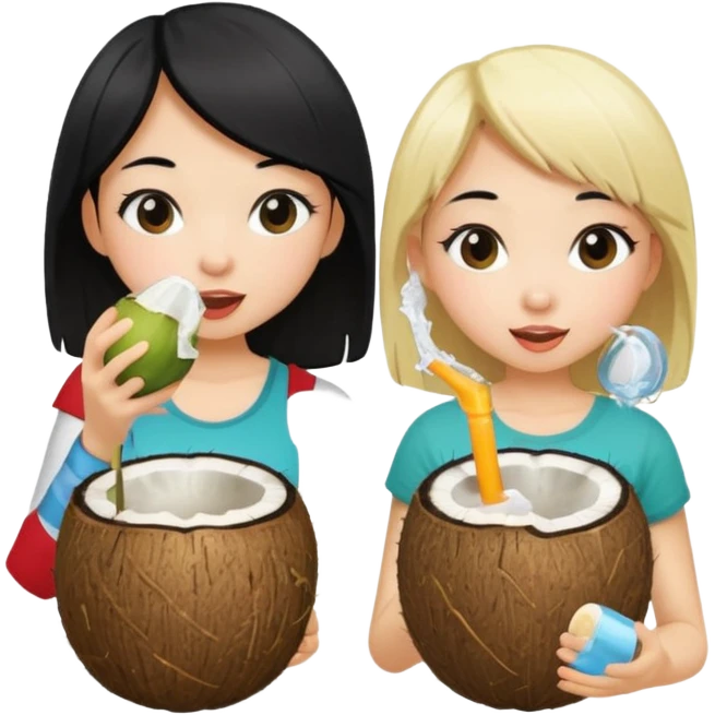 Two girls drinking out of a coconut one is Asian with black hair the other is white with blonde hair  emoji
