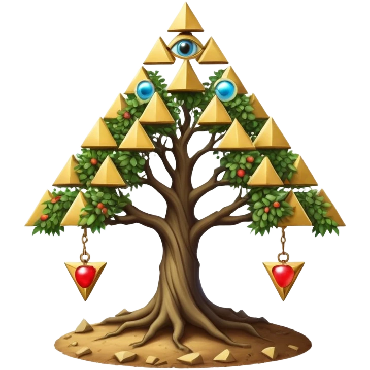Annunaki tree from Garden of eden, that is actually a ancient tech antenna with illuminati all seeing eye in traingle symbol at the top and with little pyramids hanging like apples emoji