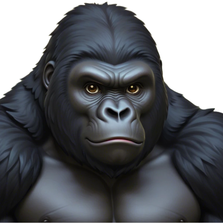 Cinematic Noble Gorilla Portrait Emoji, Poised and commanding, with a massive, muscular build cloaked in dense, rich fur and deep, soulful eyes, Simplified yet sharp and sophisticated features, highly detailed, glowing with a soft, dignified jungle glow, high shine, intelligent and formidable, stylized with an air of primate majesty, focused and authoritative, soft glowing outline, capturing the essence of a watchful guardian that feels as though it could step out of the screen with effortless authority! emoji