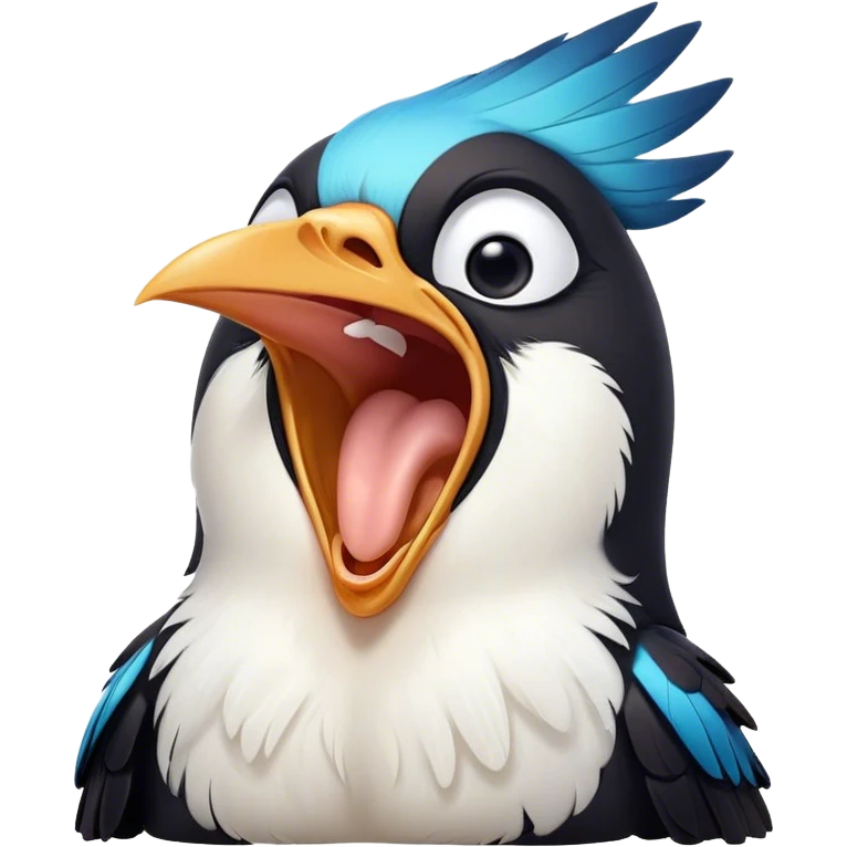 Cinematic Cute Yawning Magpie Portrait Emoji, Head tilted slightly with a dramatic, wide-open yawn, showcasing a sleek, contrasting feathered form with softly drooping wings and sleepy, half-closed eyes, Simplified yet irresistibly adorable features, highly detailed, glowing with a soft, cozy urban glow, high shine, relaxed yet expressive, stylized with a dash of whimsical charm, soft glowing outline, capturing the essence of a drowsy yet affectionate magpie that appears ready to stretch out for a nap! emoji