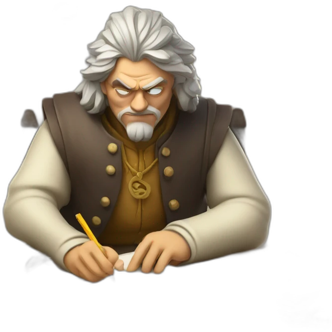 middle ages taxman, angry, writing on a paper, pile of gold emoji