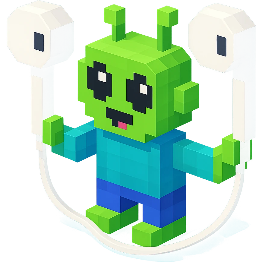 white EarPods headphones floating in space with a cartoonish alien holding them emoji