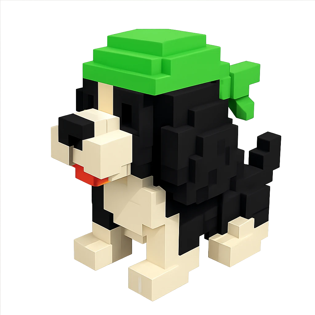 A black and white Russian Cocker Spaniel puppy wearing a green durag, facing left emoji