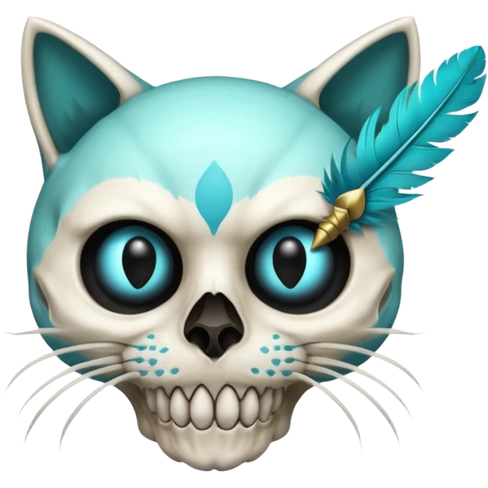 black-eye-sockets cat-skull with cyan feathers emoji