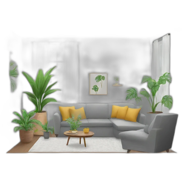 living room with plants and a grey sofa emoji