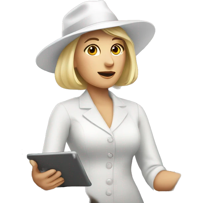 a woman in a white hat with a tablet in her hand is standing in the audience emoji