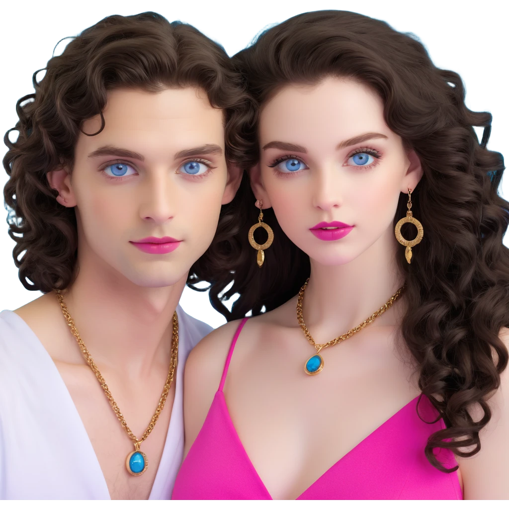 attractive couple in nightclub, colorful lights, woman with big blue-grey eyes, long lashes, pale skin, pink lips, long voluminous dark brown curls, gold hoop earrings, tiniest possible top barely covering, next to handsome man with intense blue-grey eyes, chiseled features, pale skin, confident smirk, dark brown styled hair, gold chain, minimally dressed showing maximum skin, dancing intimately emoji