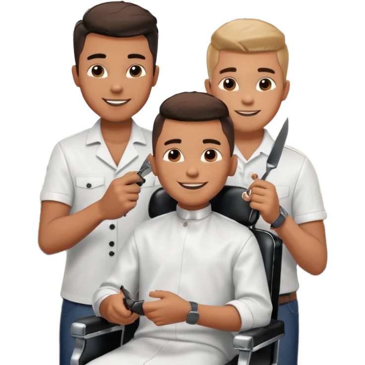 Barber cutting boys hair. Show the boy sat in black barber chair and both having smiles on their faces emoji