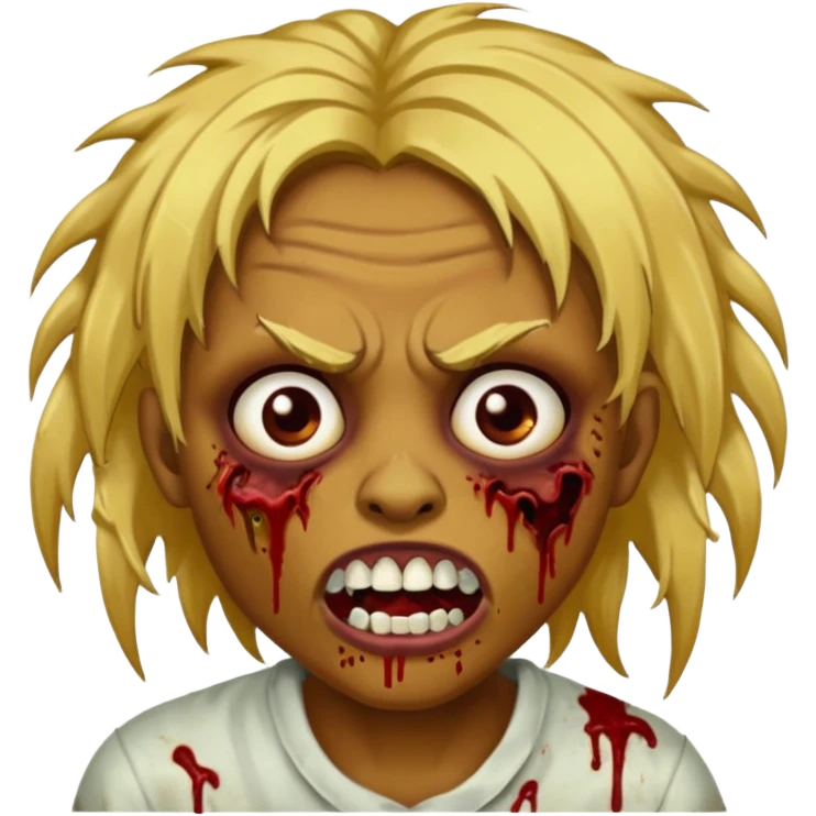 Brown-skinned zombie with messy gold hair, wide centered brown eyes, dark bloody marks under the eyes, and a slightly open mouth showing crooked teeth grillz, giving a distressed, undead look. emoji