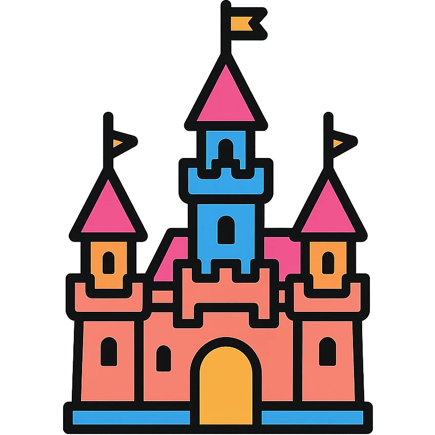 Disneyland castle, bold outlines, vibrant colors, playful and modern icon style emoji
