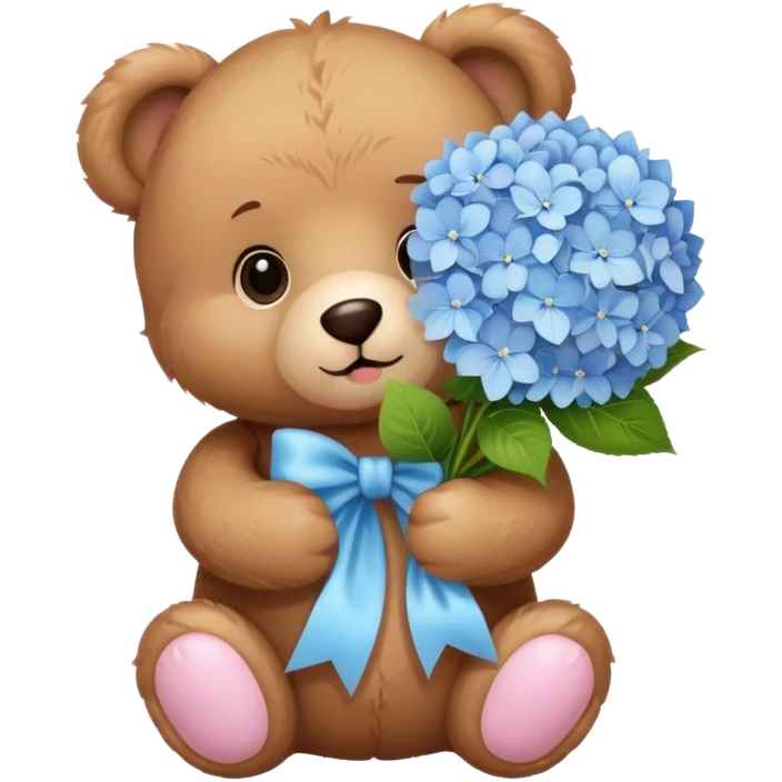 light brown teddy bear super cute holding a light pink and light blue bouquet of hydrangeas emoji