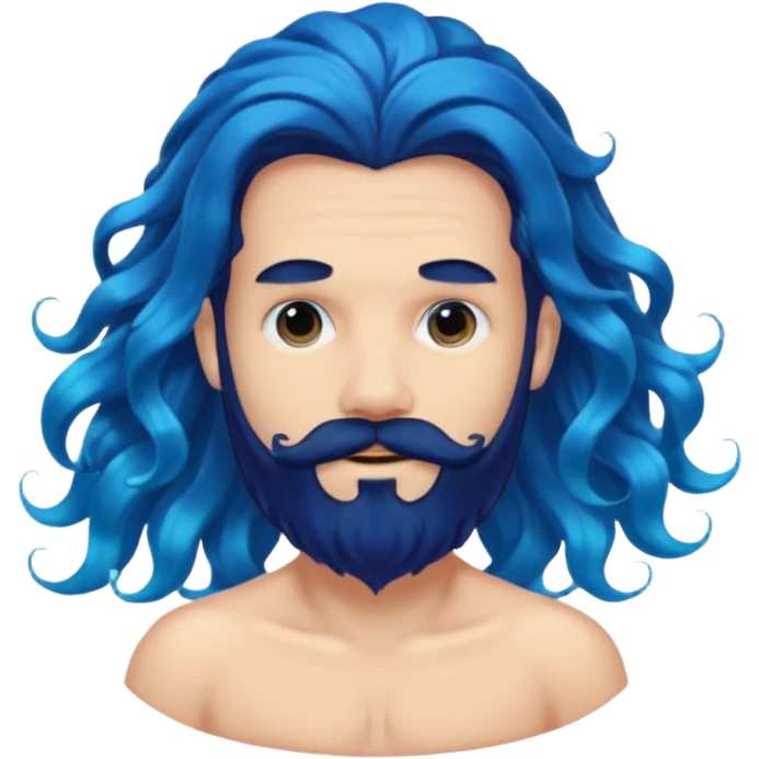 male with extremely wavy, flowing blue mermaid hair and a very dark, full black beard, emoji style emoji