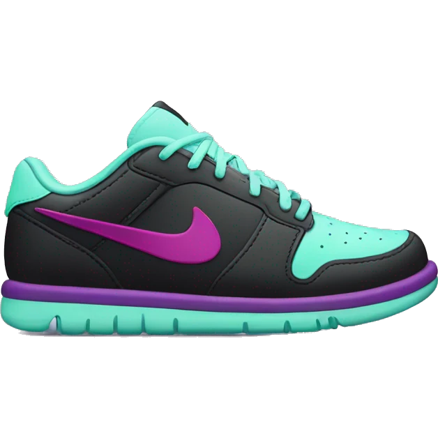 Hyper Realistic isolated side view of a  pair of black,mint green,magenta,and dark purple Nike Sneakers. emoji