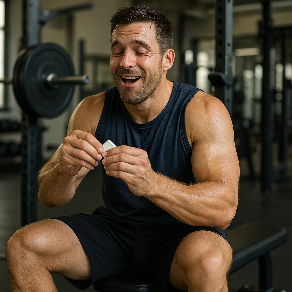 realistic 4K quality image of a sporty man in gym sitting on a bench, opening and quickly consuming a sugar packet, relieved expression, gym equipment background emoji