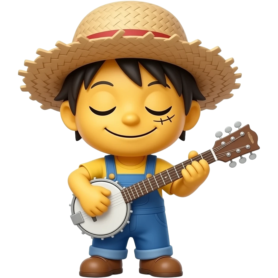 Little miniature yellow emoji smiling, mouth closed, wearing messy straw hat playing banjo, wearing coveralls, eyes closed emoji