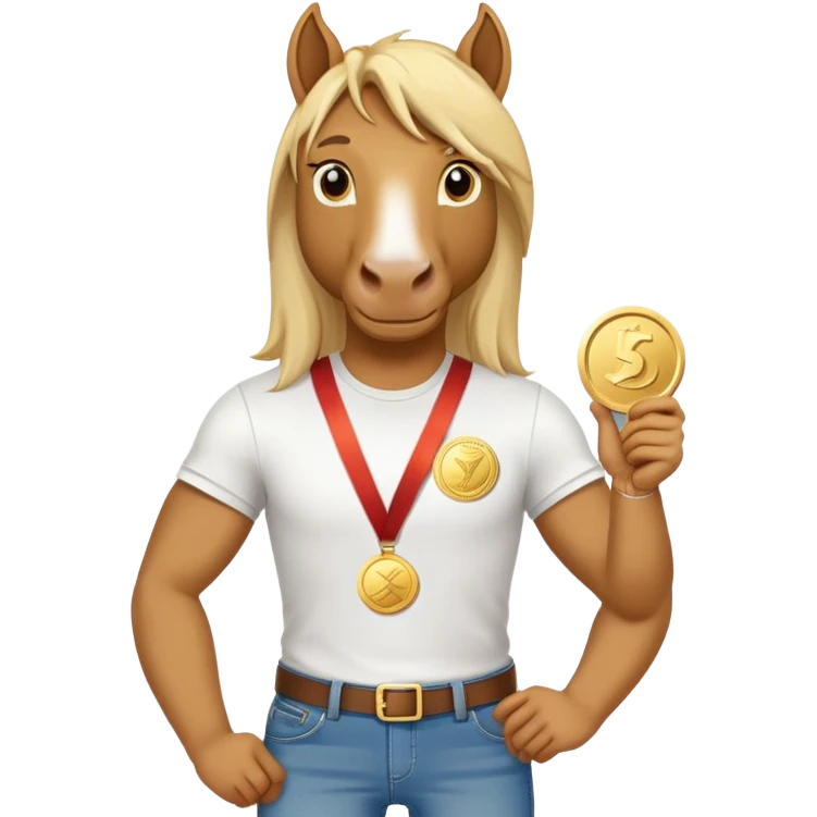 friendly anthropomorphised stallion in jeans and a t-shirt, holding a gold medal emoji