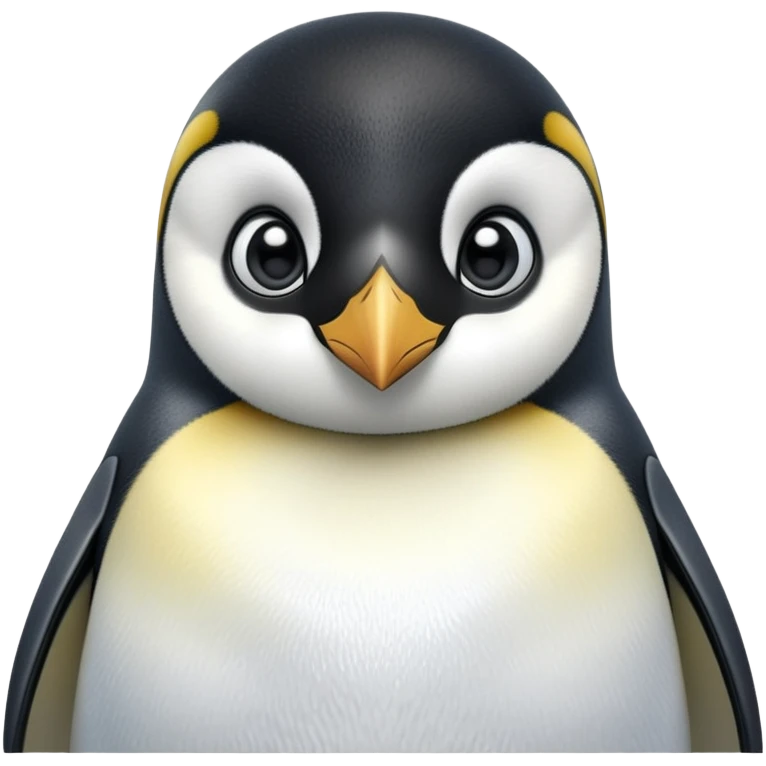 cinematic-cute-emperor-penguin-portrait-emoji,-head-tilted-playfully-and-inquisitively,-with-glossy,-pristine-plumage,-sparkling-eyes-filled-with-curiosity,-simplified-yet-irresistibly-adorable-features, black, large black eyes face, zoomed in emoji