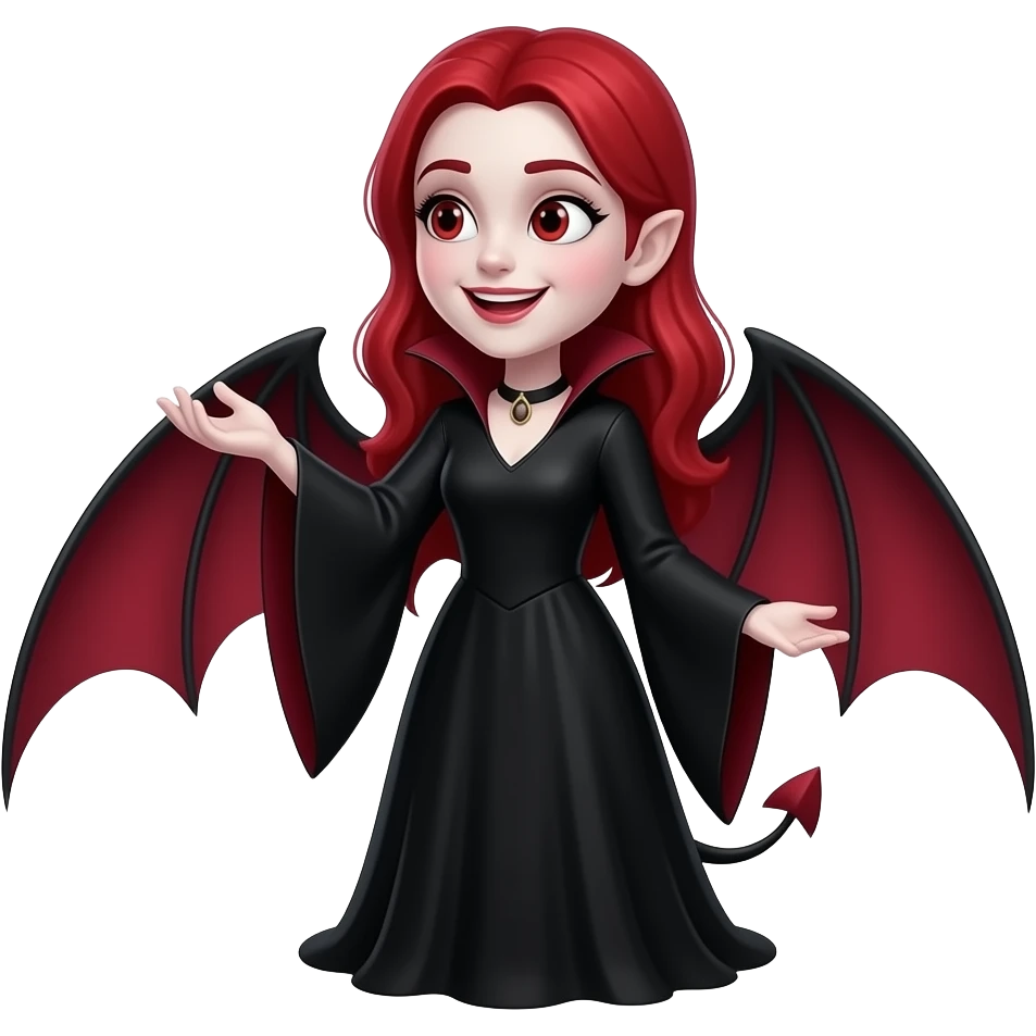 Vampiro femmina adolescente con la pelle bianca e i capelli rossi che indossa un vestito lungo nero e le maniche a zampa d' elefante e guarda la luna ed è felice emoji