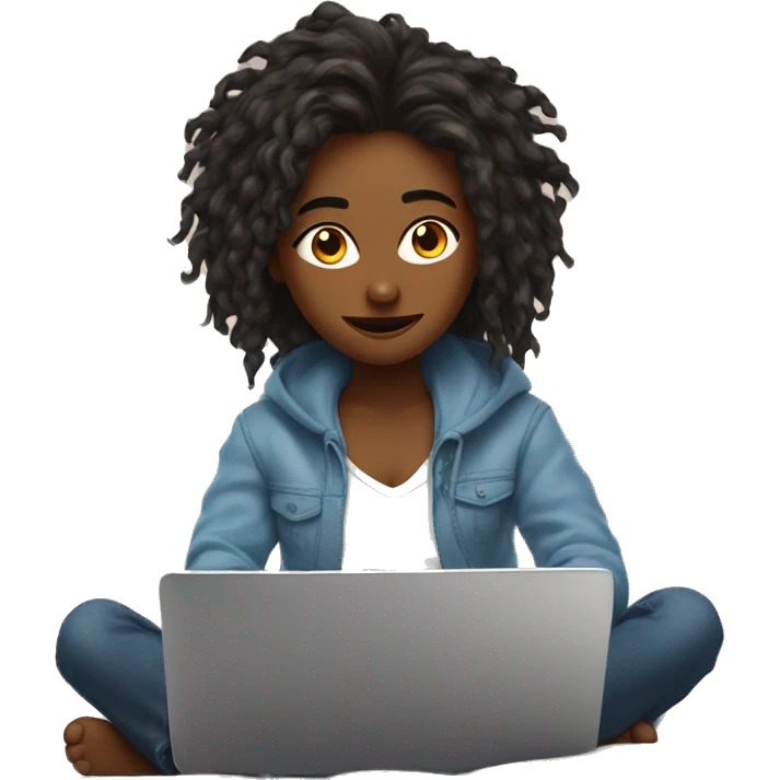 girl with blue eyes and disheveled hair sits on bed and looks at laptop with mug in hands emoji