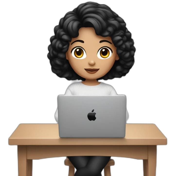 memoji of a female with a modern apple laptop in front, black hair, white skin, black sweater, computer in hand --ar1:1 emoji