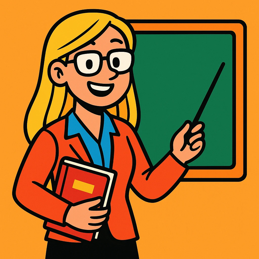 profesora de pelo liso rubio y piel clara, estilo cartoon vibrante emoji