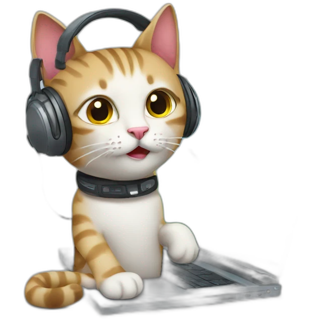 cat with headphone using laptop. emoji