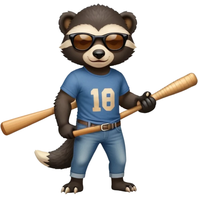 mischievous anthropomorphised honey badger in jeans and a t-shirt, wearing sunglasses, holding a baseball bat over shoulder emoji